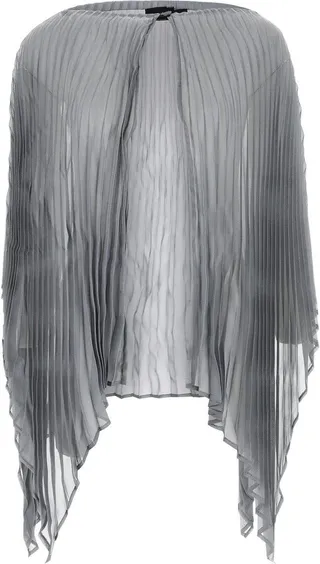Cape realized in pleated viscose blend characterized by metal threads on the entire surface.