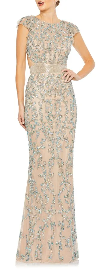 Damask Sequin Open Back Gown