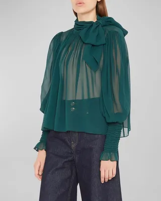 Lesli Side-Bow Sheer Silk Blouse