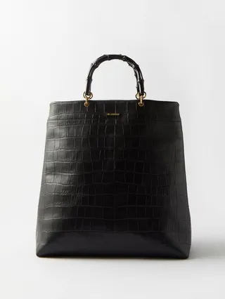 Bamboo-handle Croc-effect Leather Tote Bag