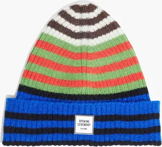 Appliquéd striped ribbed-knit beanie