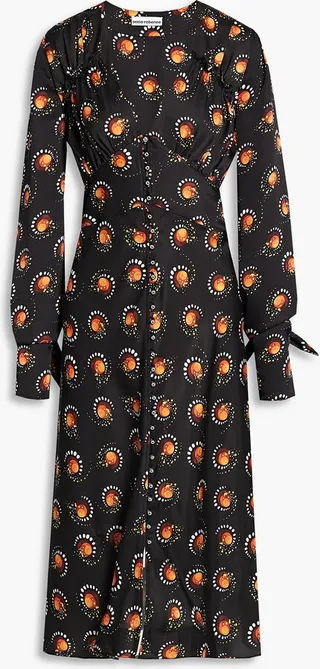 Ruffle-trimmed printed satin midi dress