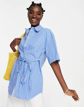 Topshop tie waist short sleeve stripe poplin shirt in blue