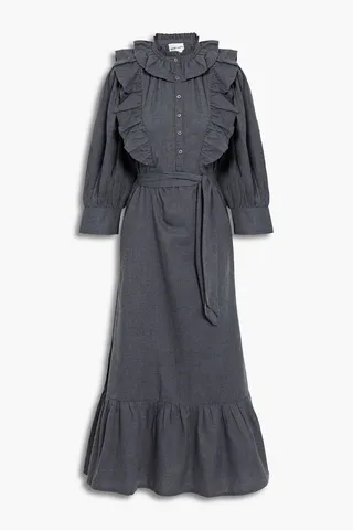Lova belted ruffled cotton-flannel midi dress