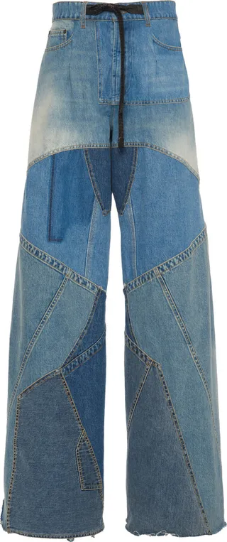 Women's Leather-Detailed Vintage Patchwork Denim Wide-Leg Pants