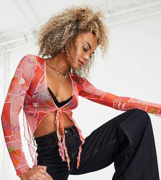 ASYOU tie front mesh cardi in print