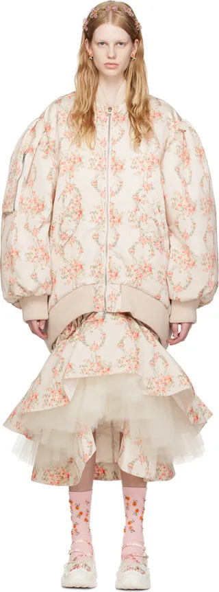Simone Rocha Beige Oversized Daisy Embellished Bomber Jacket