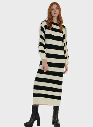 Pearls Applique Maxi Stripes Knit Kaftan