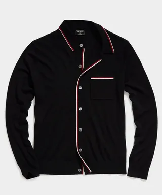 Long Sleeve Merino Tipped Full Placket Polo in Black