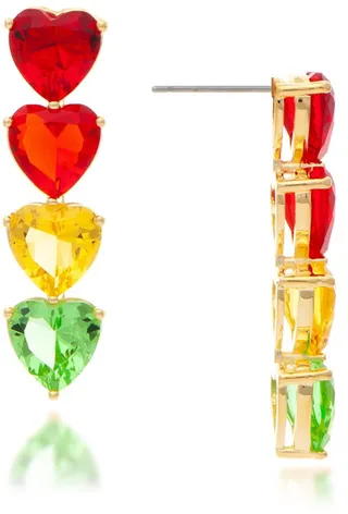 18K Yellow Gold Clad Rainbow Crystal Heart Linear Drop Earrings
