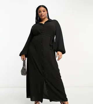 ASOS DESIGN Curve tie front maxi shirt dress in black