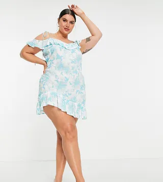 ASOS DESIGN curve frill detail cami mini dress in blue floral