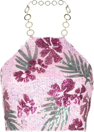 Sequin-Design Floral-Print Halterneck Top