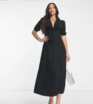 ASOS DESIGN Tall tie front button through midi dress in black