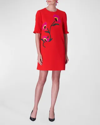 Floral Embroidered Ruffle Mini Shift Dress