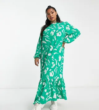 ASOS DESIGN Curve mixed print high neck smock maxi dress in green abstract print