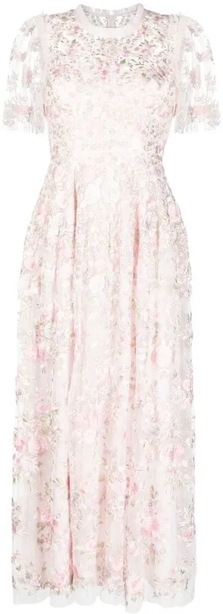 Floral-Embroidered Midi-Dress