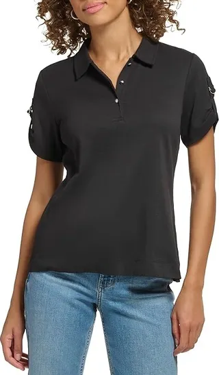 Calvin Klein Short Sleeve D-Ring Polo (Black) Women's Clothing