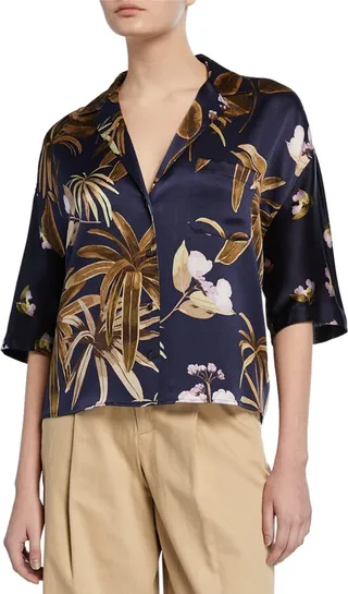 Mixed Tropical Garden Button-Front Satin PJ Shirt