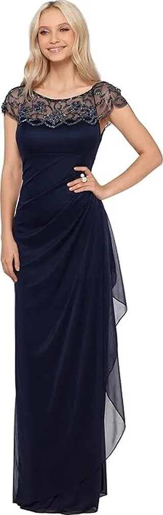 XSCAPE Long Sheer Matte Jersey Side Rouch Dress with Chunky Bead (Navy) Women's Dress