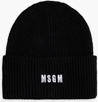 Embroidered ribbed-knit beanie