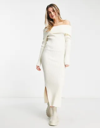 QED London off shoulder ribbed knit midi dress in oatmeal