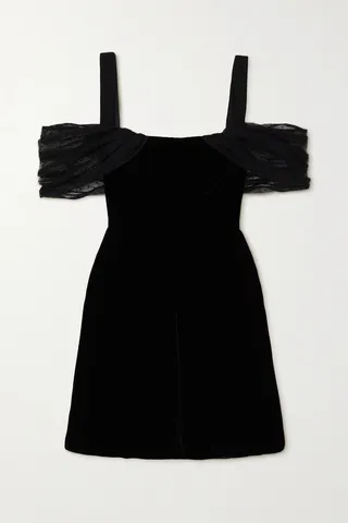 Saloni - Rachel Off-the-shoulder Tulle-trimmed Velvet Mini Dress - Black