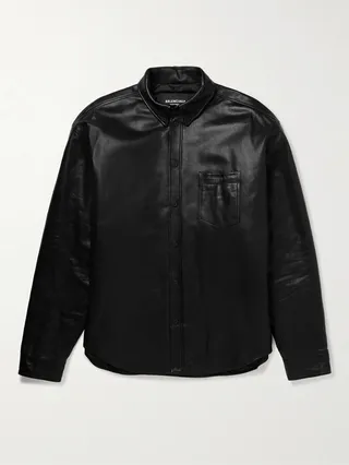 Button-Down Collar Padded Leather Overshirt
