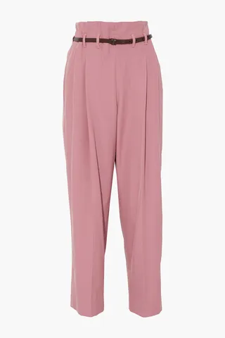 Cropped belted wool and cotton-blend twill wide-leg pants