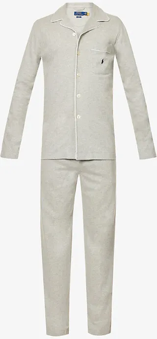 ens Grey Htr Slim-fit Camp-collar Cotton-jersey Pyjama set