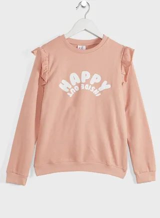 Girls Ruffled Printed Hoodie