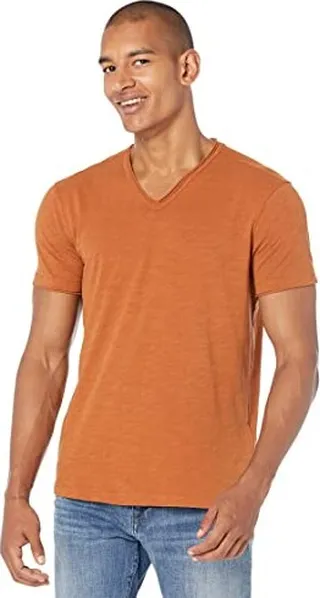 John Varvatos Men's Miles Short Sleeve SLUB V-Neck with Cut RAW Edge