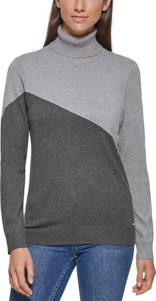Womens Colorblock Ribbed Trim Turtleneck Top