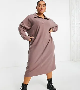 ASOS DESIGN Curve super soft long sleeve polo midi sweater dress in taupe