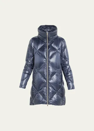 Diamond-Stitch Woven Half Puffer Coat
