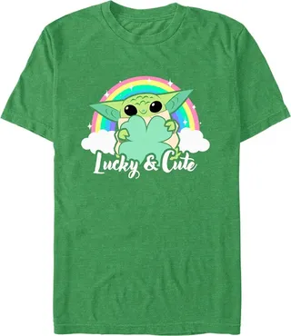 Men's Star Wars: The Mandalorian Grogu St. Patrick's Day Rainbow Lucky and Cute T-Shirt - Kelly Heather - Medium