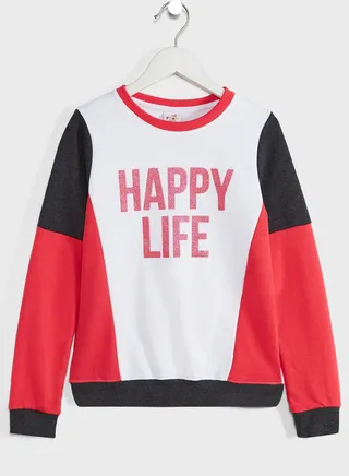 Girls Colorblock Round Neck Sweatshirt