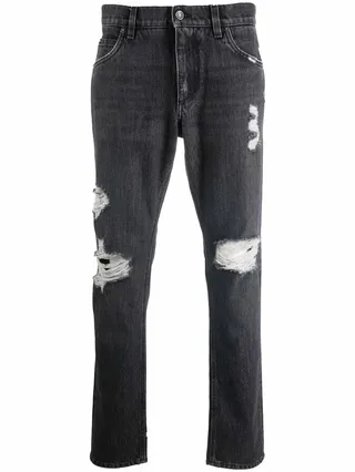 Distressed Low-Rise Straight Leg Jeans