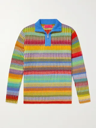 Jolly Ribbed Striped Cashmere Half-Zip Sweater