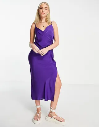 New Look satin strappy wrap front midi dress in purple