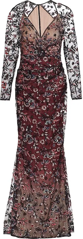 Ombré Sequin & Floral-Embroidered Trumpet Gown