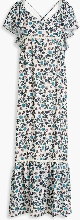 Printed crochet lace-trimmed crepe midi dress