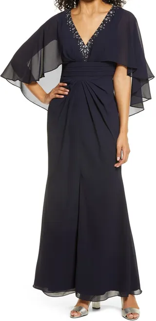 Beaded Neckline Capelet Gown