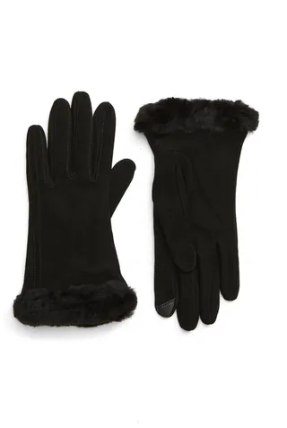 Genuine Shearling Trim Suede Tech Gloves