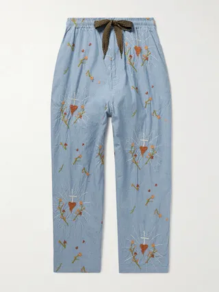 Wide-Leg Embroidered Cotton-Chambray Drawstring Trousers