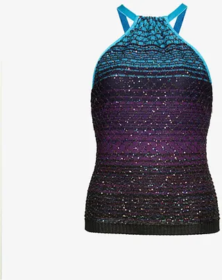 Womens Turquoise Violet Black Halterneck Sequin-embellished Knitted top