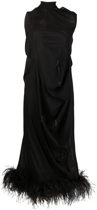 Feather-Trim Long Dress