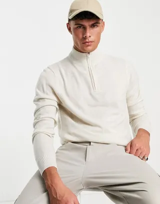 Threadbare soft touch quarter zip funnel neck sweater in ecru heather