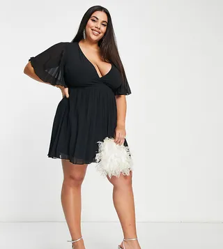 ASOS DESIGN Curve exclusive mini dress with kimono sleeve and tie waist with pleat in Black