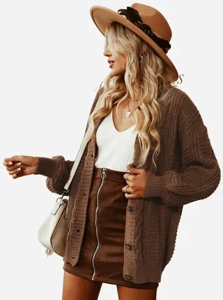 Women's Cable Knit Buttoned Oversized Cardigan - Cupshe -Brown-S